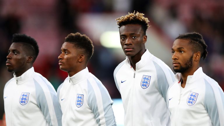 BOURNEMOUTH, ENGLAND - SEPTEMBER 05:  Tammy Abraham (2ndL) of England looks on ahead of the UEFA Under 21 Championship Qualifiers between England and Latvi