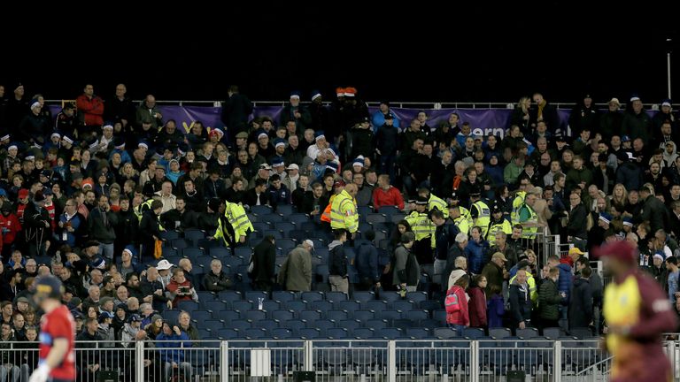 Police and stewards in the stands during the T20 match at the Emirates Riverside, Durham.