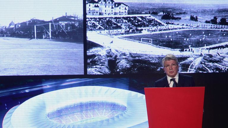 Atletico de Madrid's President, Enrique Cerezo announces the name of their new stadium, Wanda Metropolitano, during a presentation at the Vicente Calderon 