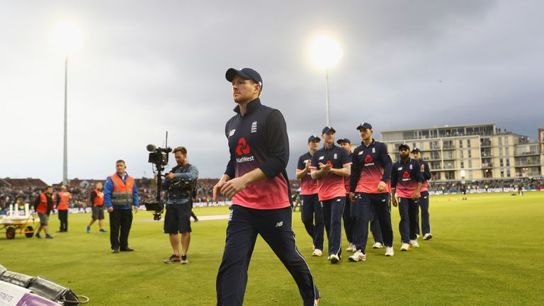 Eoin Morgan the captain of England leads his team off the field following his sides 124 run victory over Windies