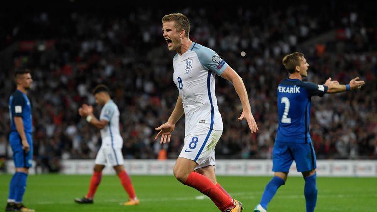 Eric Dier of England celebrates as he scores their first goal during the FIFA 2018 World Cup Qualifier between England and Slovakia