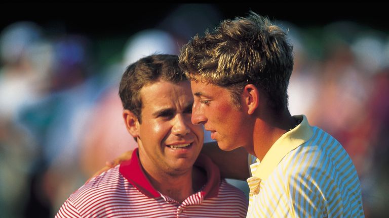 12 Aug 2001:  Erik Compton of USA and Jamie Elson in action during the 38th Walker Cup Match between Great Britain/Ireland and the USA played at the Ocean 