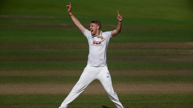 Essex bowler Jamie Porter celebrates dismissing Sam Hain during day one of the County Championship Division One match against Warwickshire at Edgbaston