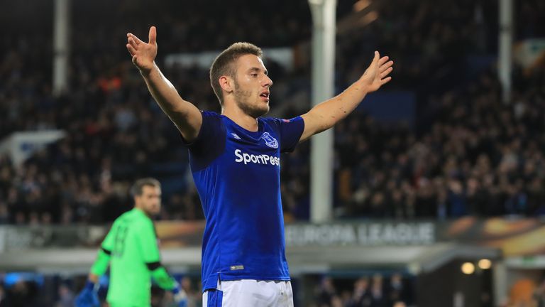 Everton's Nikola Vlasic celebrates scoring his side's second goal of the game during the UEFA Europa League, Group E match at Goodison Park, Liverpool.