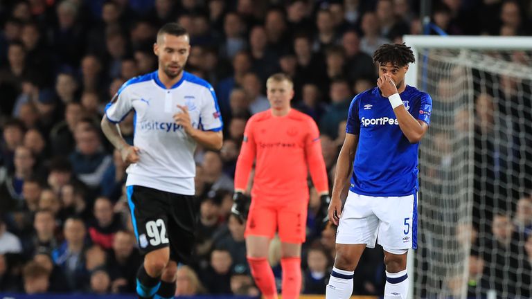 Everton's Ashley Williams looks dejected after conceding their first goal during the UEFA Europa League, Group E match at Goodison Park, Liverpool.