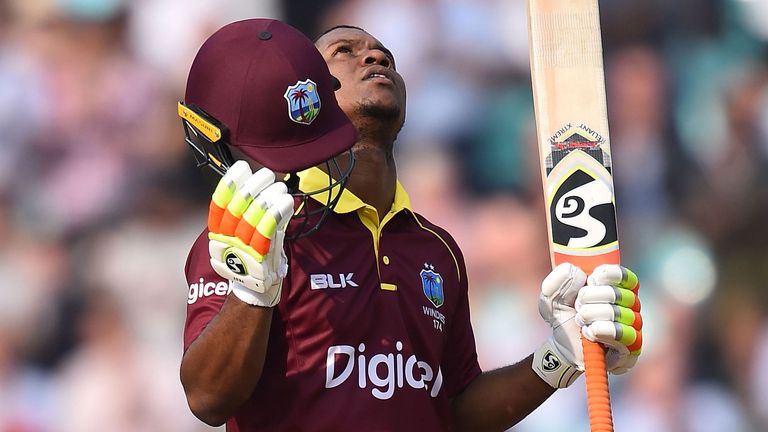 Evin Lewis celebrates reaching his second ODI hundred for Windies