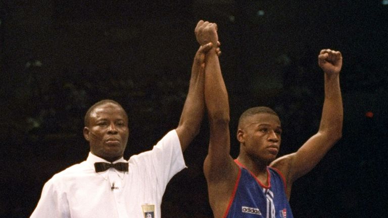Floyd Mayweather of the USA beats B. Tileganev of Kazahkstan in the 57kg boxing tournament at Alexander Memorial Coliseum of Georgia.