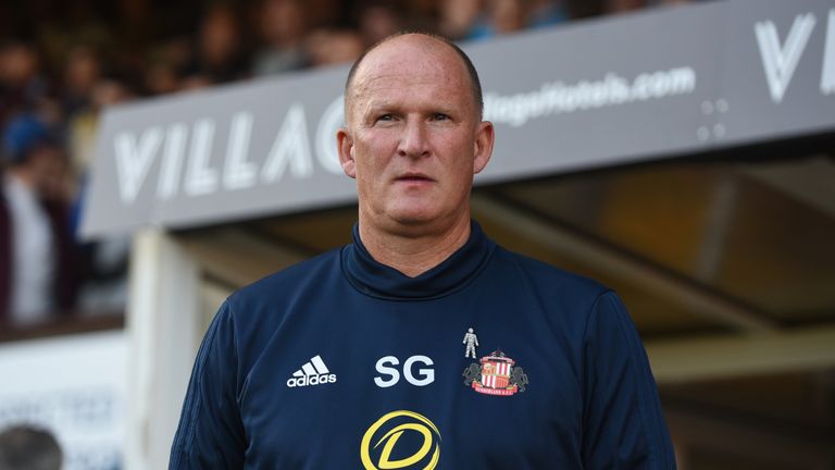 BURY, ENGLAND - AUGUST 10: Simon Grayson manager of Sunderland looks on during the Carabao Cup First Round match between Bury and Sunderland at Gigg Lane o