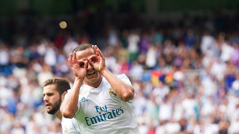 MADRID, SPAIN - SEPTEMBER 09: Lucas Vazquez of Real Madrid CF celebrates after scoring his team's first goal during the La Liga match between Real Madrid a
