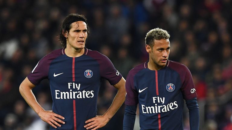 Edinson Cavani and Neymar during the Ligue 1 match between PSG and Lyon