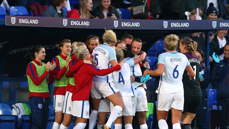 England players celebrate with manager Mark Sampson following Nikita Parris' goal against Russia
