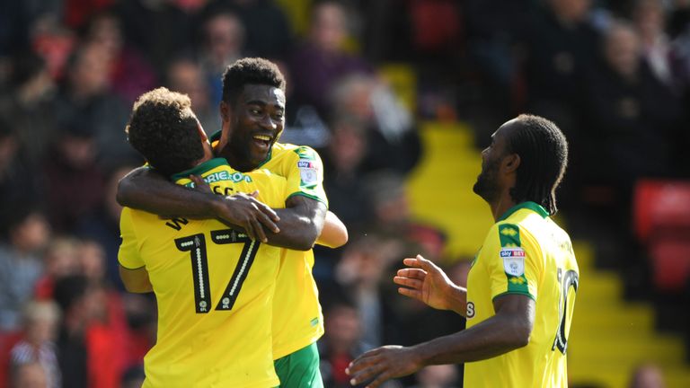 Yanic Wildschut celebrates his goal with Alexander Tettey and Cameron Jerome