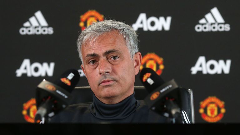 Jose Mourinho speaks during a press conference at Manchester United's Aon Training Complex