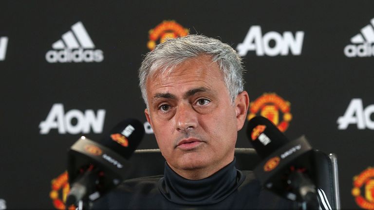 Jose Mourinho speaks during a press conference at Manchester United's Aon Training Complex