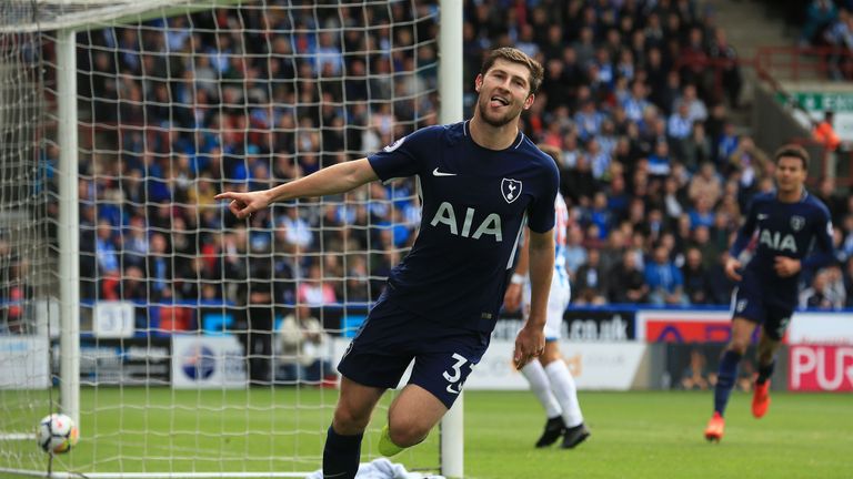Ben Davies celebrates after scoring Tottenham's second goal of the game