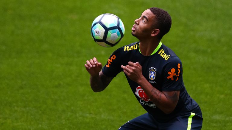 PORTO ALEGRE, BRAZIL - AUGUST 30: Gabriel Jesus takes part in a training session at the Arena do Gremio on August 30, 2017 in Porto Alegre, Brazil, ahead o