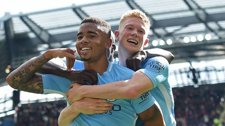 Gabriel Jesus celebrates the first of his two goals with Kevin De Bruyne