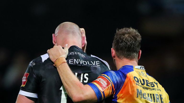 Headingley Carnegie Stadium, Leeds, England - Leeds' Danny McGuire consoles Hull FC's Gareth Ellis after his final game before retirement.