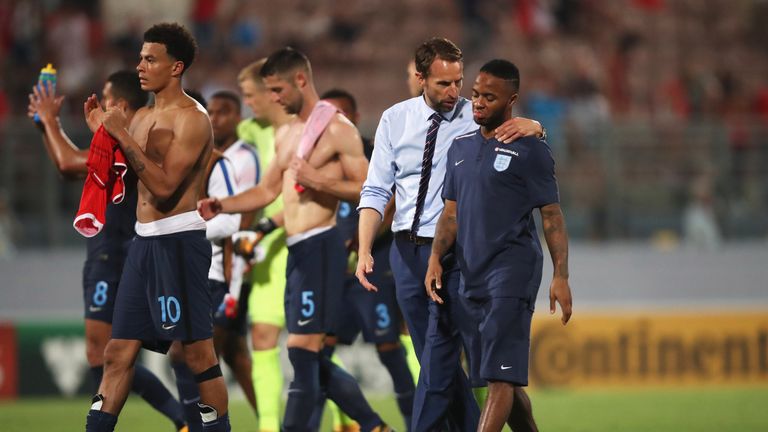 Gareth Southgate and Raheem Sterling deep in discussion after England's 4-0 win in Malta