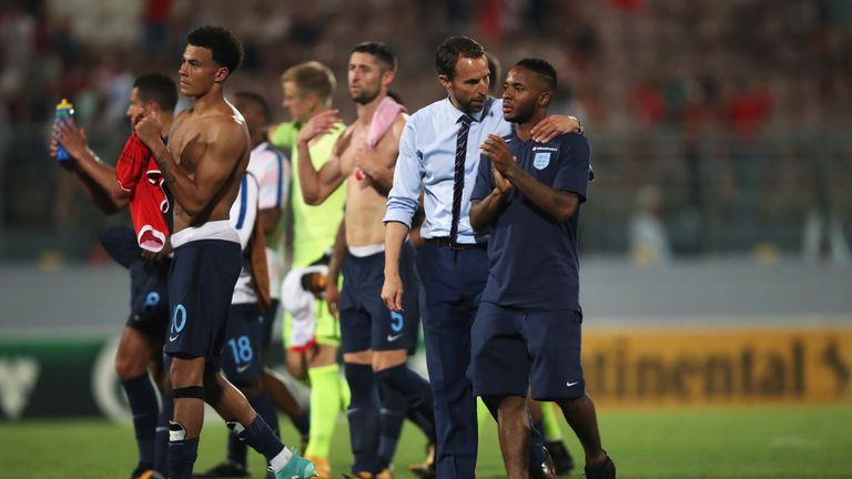 Gareth Southgate and Raheem Sterling in discussion after the 4-0 World Cup Qualifier win in Malta