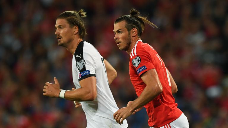 Gareth Bale of Wales and Sebastian Prodl of Austria in action during the FIFA 2018 World Cup Qualifier between Wales and Austria