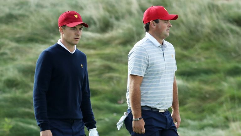 JERSEY CITY, NJ - SEPTEMBER 30:  Jordan Spieth and Patrick Reed of the U.S. Team walk on the 11th hole during Saturday foursome matches of the Presidents C