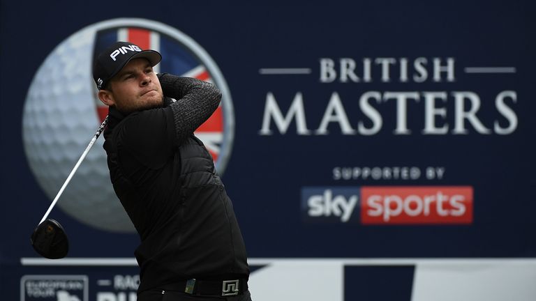 Tyrell Hatton of England hits his tee shot on the 15th hole during day two of the British Masters at Close House