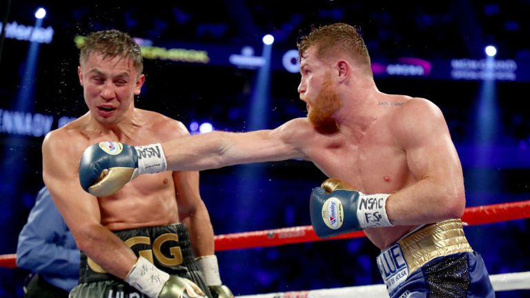 Canelo Alvarez throws a punch at Gennady Golovkin during their WBC, WBA and IBF middleweight championionship bout