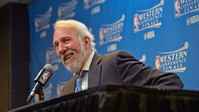 SAN ANTONIO, TX - MAY 22:  Gregg Popovich of the San Antonio Spurs talks to the media during a press conference after Game Four of the Western Conference F