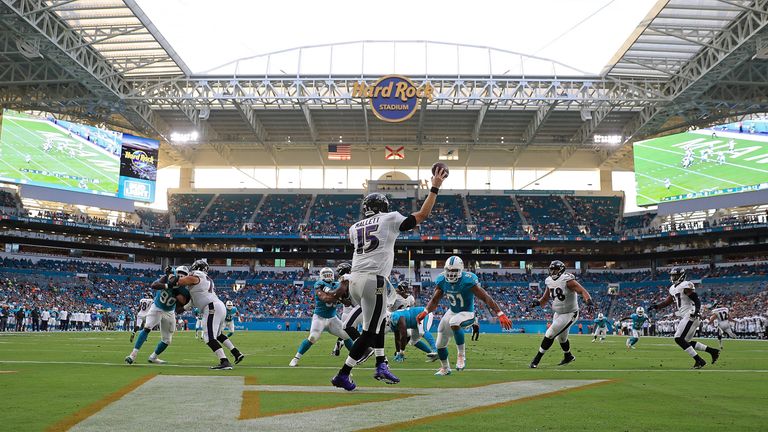 MIAMI GARDENS, FL - AUGUST 17:  Ryan Mallett #15 of the Baltimore Ravens passes during a preseason game against the Miami Dolphins at Hard Rock Stadium on 