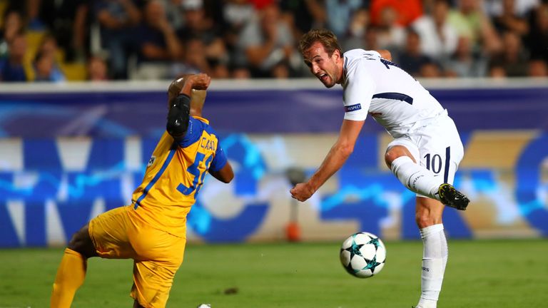 Tottenham striker Harry Kane shoots during the UEFA Champions League Group H match against Apoel Nicosia