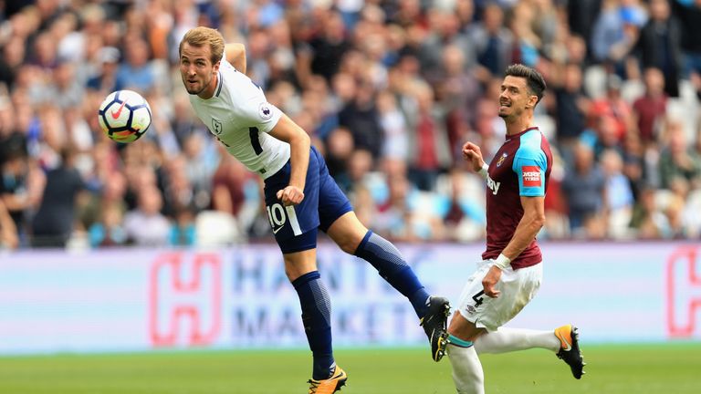 Harry Kane leaps to score Tottenham's first goal against West Ham