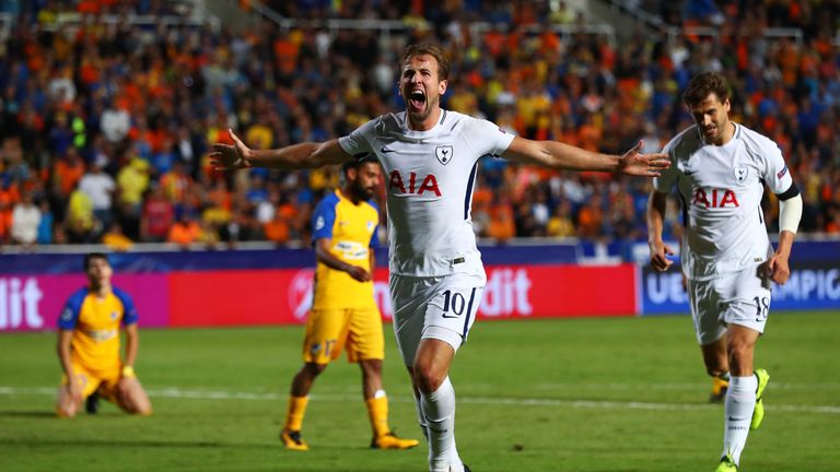 NICOSIA, CYPRUS - SEPTEMBER 26:  Harry Kane of Tottenham Hotspur celebrates scoring his sides second goal during the UEFA Champions League Group H match be