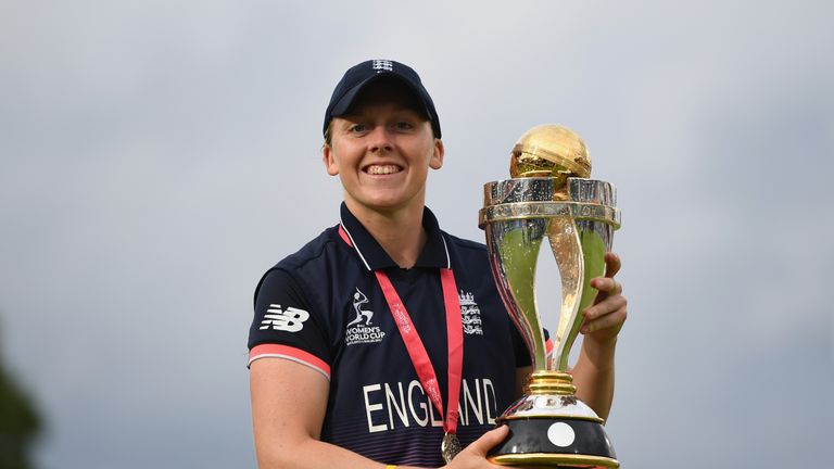 England captain Heather Knight poses with the trophy after winning the ICC Women's World Cup 2017 Final