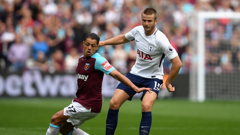 LONDON, ENGLAND - SEPTEMBER 23: Javier Hernandez of West Ham United and Eric Dier of Tottenham Hotspur battle for possession during the Premier League matc
