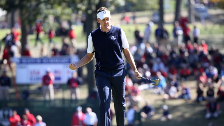 MEDINAH, IL - SEPTEMBER 30:  Ian Poulter of Europe celebrates a birdie putt on the 12th hole during the Singles Matches for The 39th Ryder Cup at Medinah C