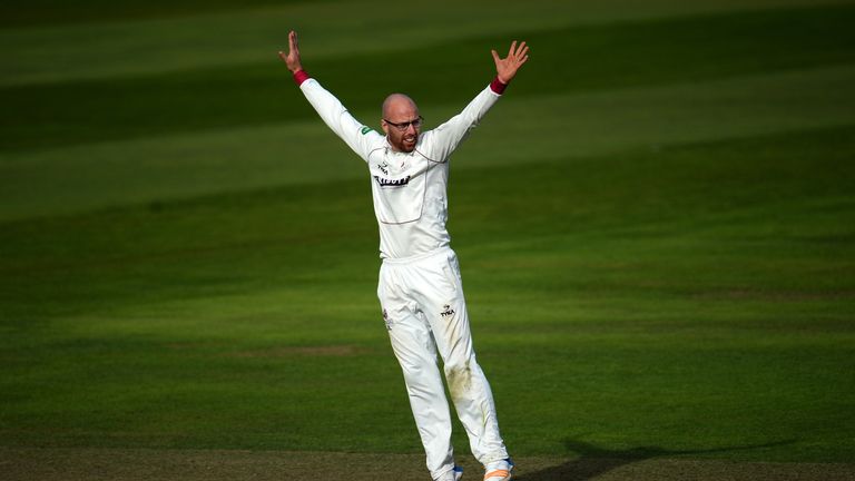 Jack Leach of Somerset appeals during Day Two of the Specsavers County Championship Division One match