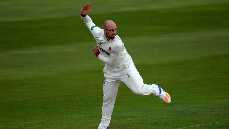 TAUNTON, ENGLAND - SEPTEMBER 14: Jack Leach of Somerset bowls during Day Three of the Specsavers County Championship Division One match between Somerset an