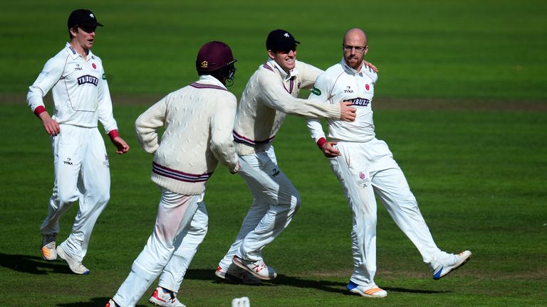 Jack Leach of Somerset (R) celebrates after dismissing Hasseb Hameed of Lancashire during Day Three of the Specsavers County Championship