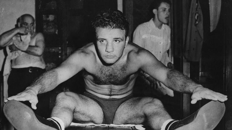 4th September 1949:  Middleweight boxer Jake La Motta (1921 -   ), known as the Raging Bull, during a training session at Gleason's Gym, New York.  (Photo 