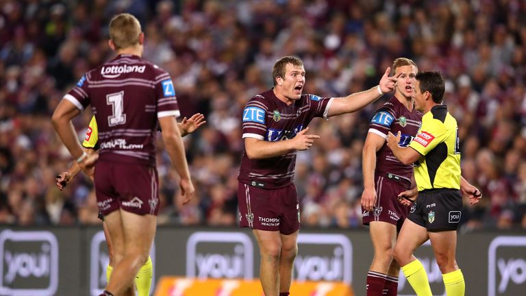 Jake Trbojevic of the Sea Eagles makes his point to referee Adam Gee during the NRL Elimination Final match 