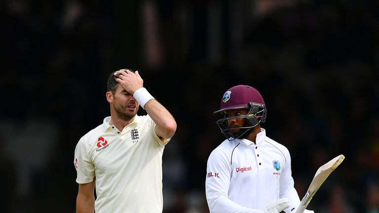 LONDON, ENGLAND - SEPTEMBER 07:  James Anderson of England reacts as Shai Hope of the West Indies scores a run during day one of the 3rd Investec Test Matc