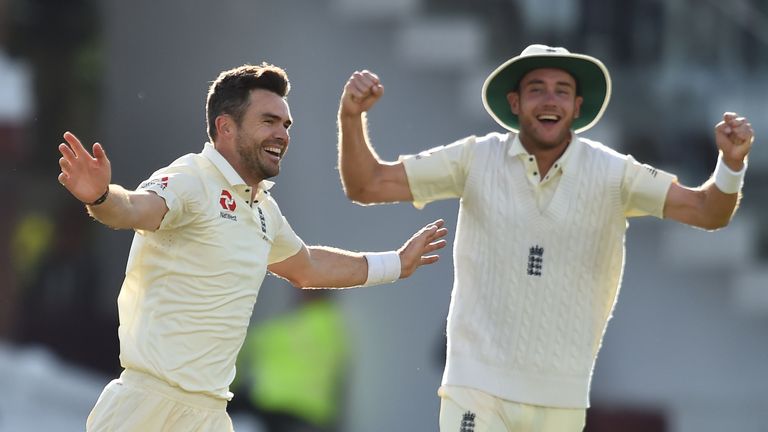 Stuart Broad (right) celebrates James Anderson's 500th Test wicket