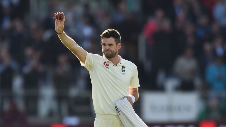 England's James Anderson holds up the ball as he celebrates taking his 500th Test match wicket during the second day of the third international Test match 