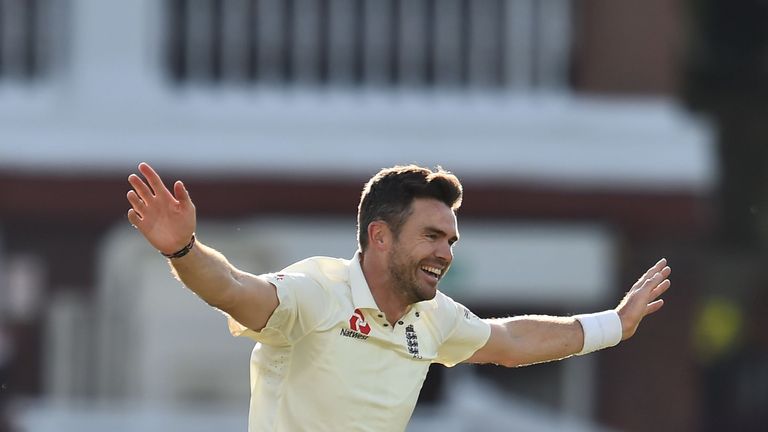 England's James Anderson celebrates taking his 500th Test match wicket after taking the wicket of West Indies' Kraigg Brathwaite for 4 runs during the seco