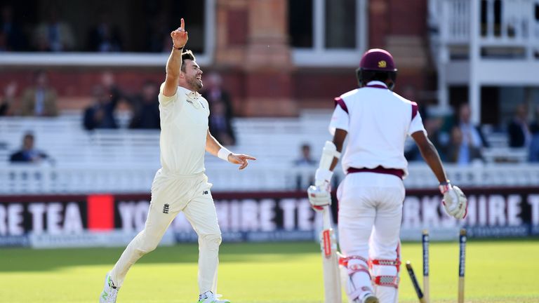 LONDON, ENGLAND - SEPTEMBER 08:  James Anderson of England celebrates after taking the wicket of Kraigg Braithwaite of the West Indies, his 500th test wick