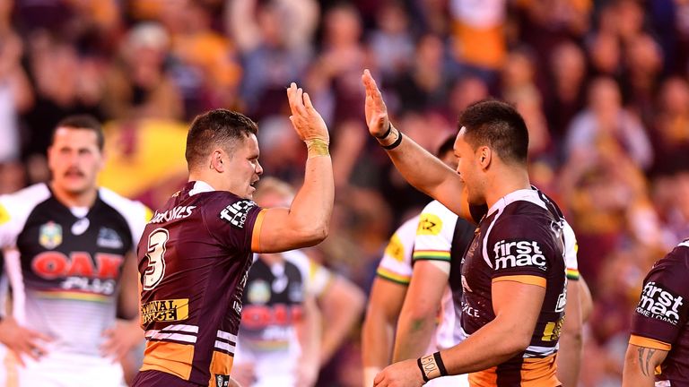 BRISBANE, AUSTRALIA - SEPTEMBER 15:  James Roberts of the Broncos celebrates scoring a try during the NRL Semi Final match between the Brisbane Broncos and