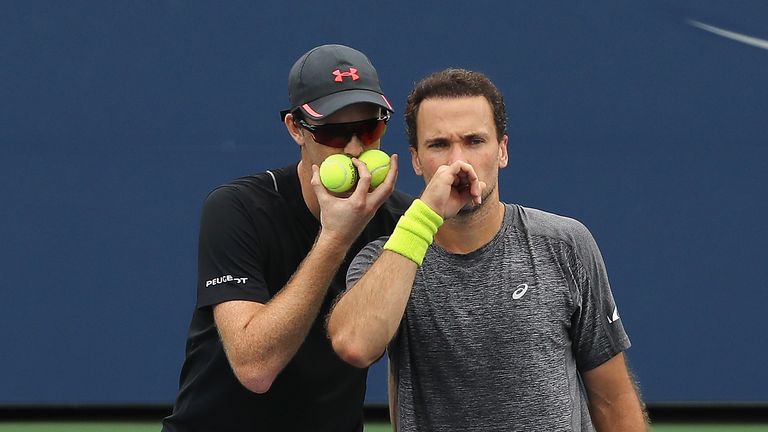 Jamie Murray of Great Britain and Bruno Soares in action during their men's doubles second round match at US Open
