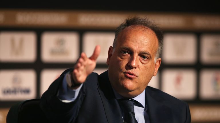 Javier Tebas, La Liga President. talks during day three of the Soccerex Global Convention in Manchester