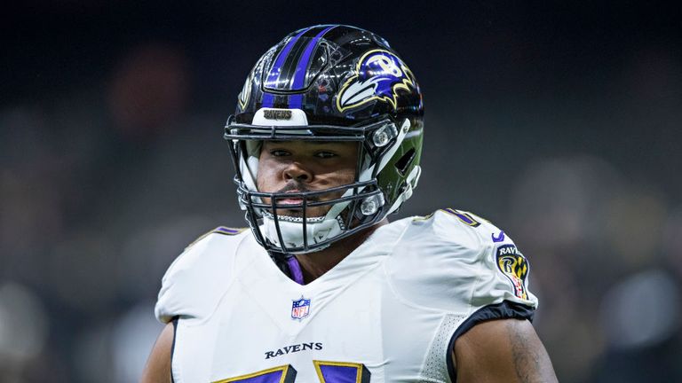 Jermaine Eluemunor #71 of the Baltimore Ravens warming up before a preseason game at the New Orleans Saints on August 31, 2017